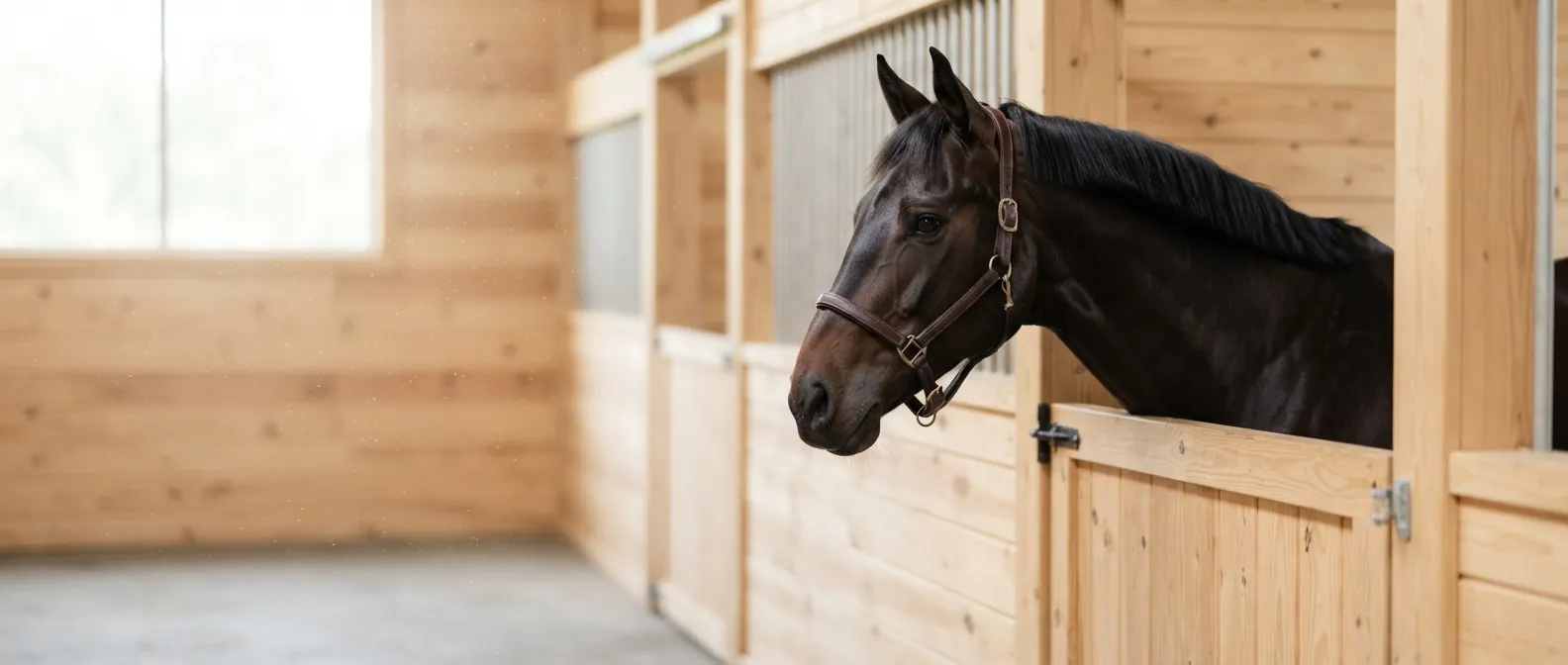 Un cheval passe la tête par-dessus la porte de son box
