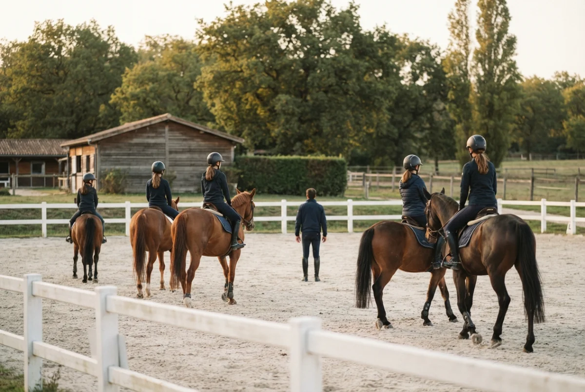 Un cours collectif en carrière, cinq cavaliers à cheval autour de leur moniteur