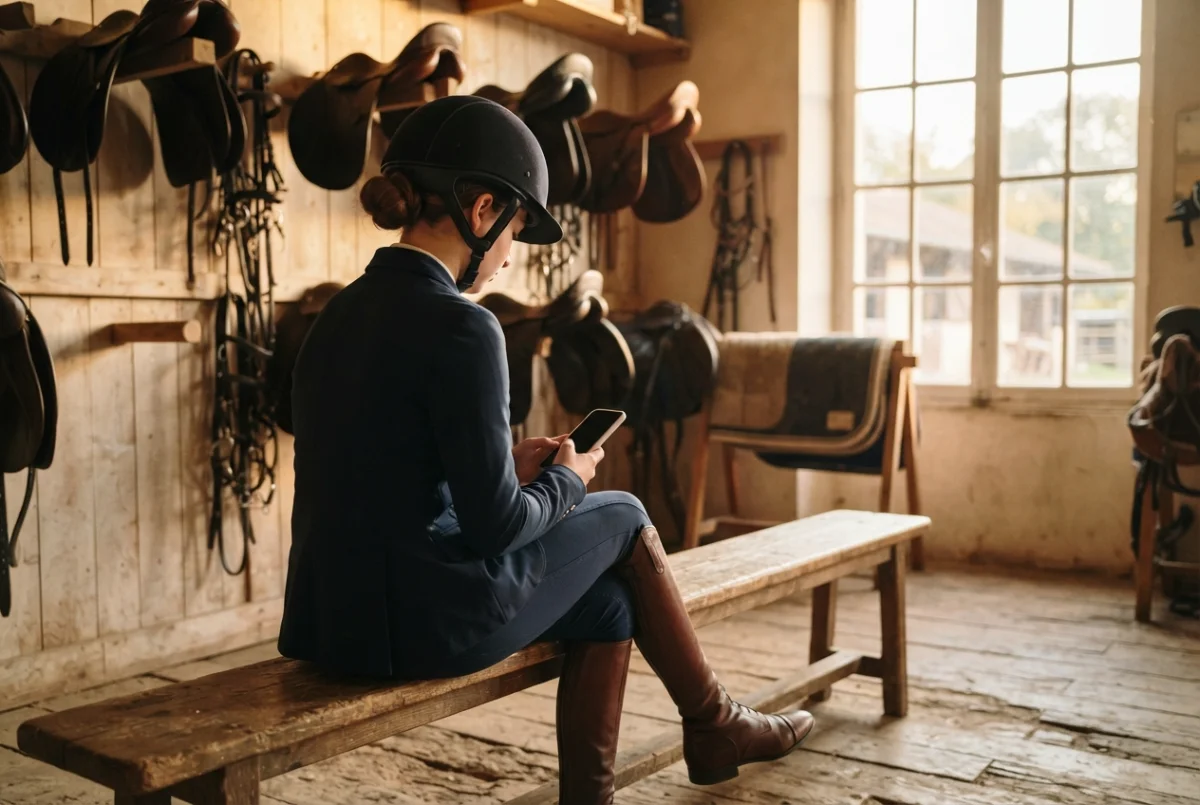 Une cavalière assise sur un banc de sellerie révise sur son téléphone
