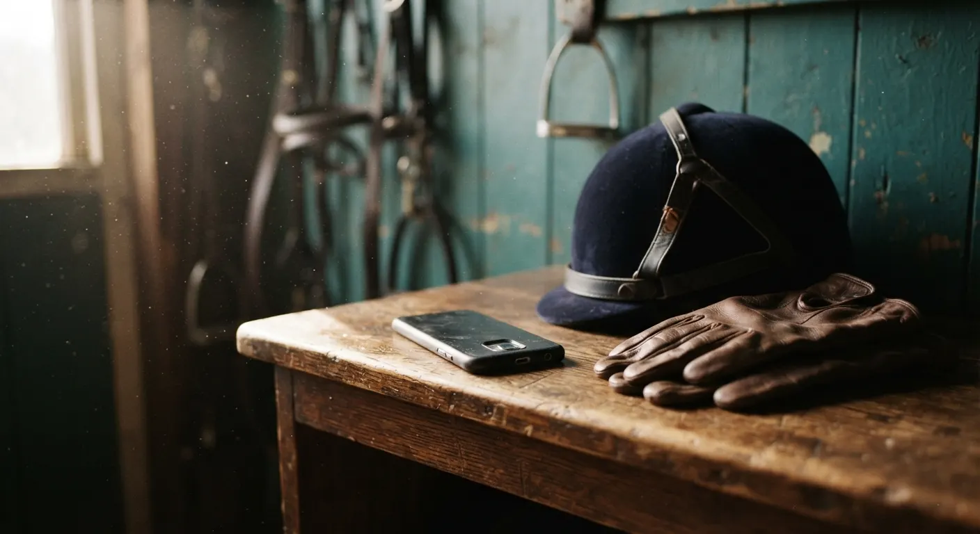 Un téléphone posé à côté d'une bombe et de gants de cuir dans une sellerie